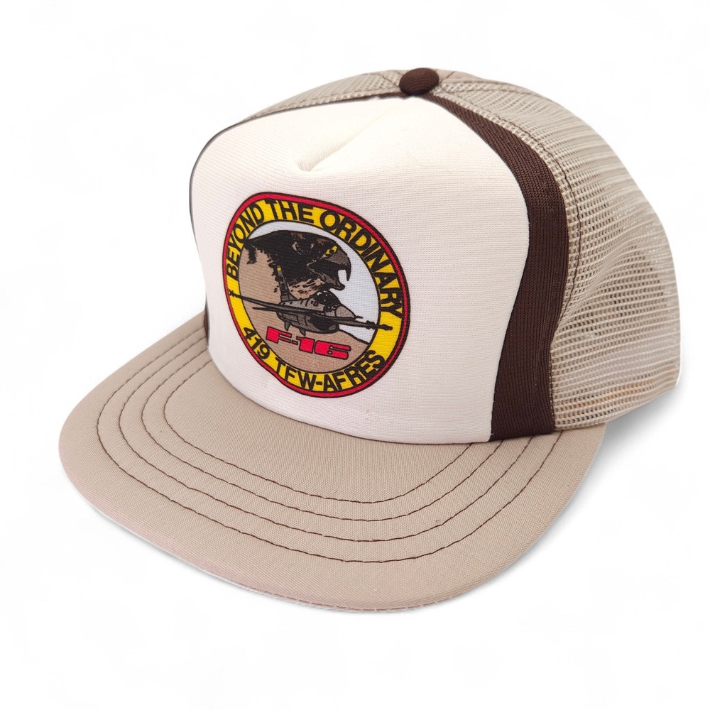 Vintage Beyond The Ordinary F-16 419 TFW-AFRES Mesh Trucker Hat Snapback Tan Cap
